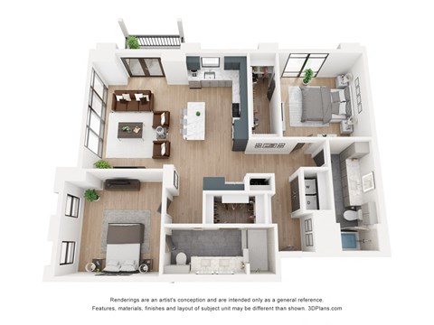 Floor plan for 2 beds, 2 baths, 1358 sqft